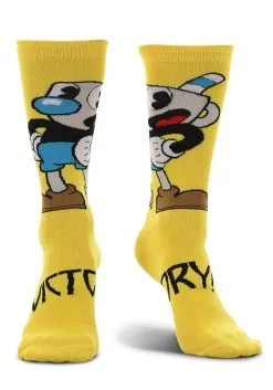 Elope Cuphead Mugman Victory! Crew Socks 12 Elope Cuphead Mugman Victory! Crew Socks -Video Game Costumes Shop mugman victory crew socks alt 3